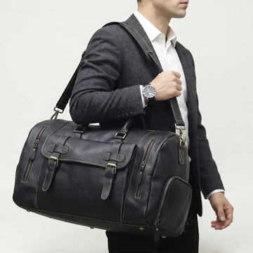 Mild Black Leather Travel Bag – Front Flap Pocket Design (TR-015)