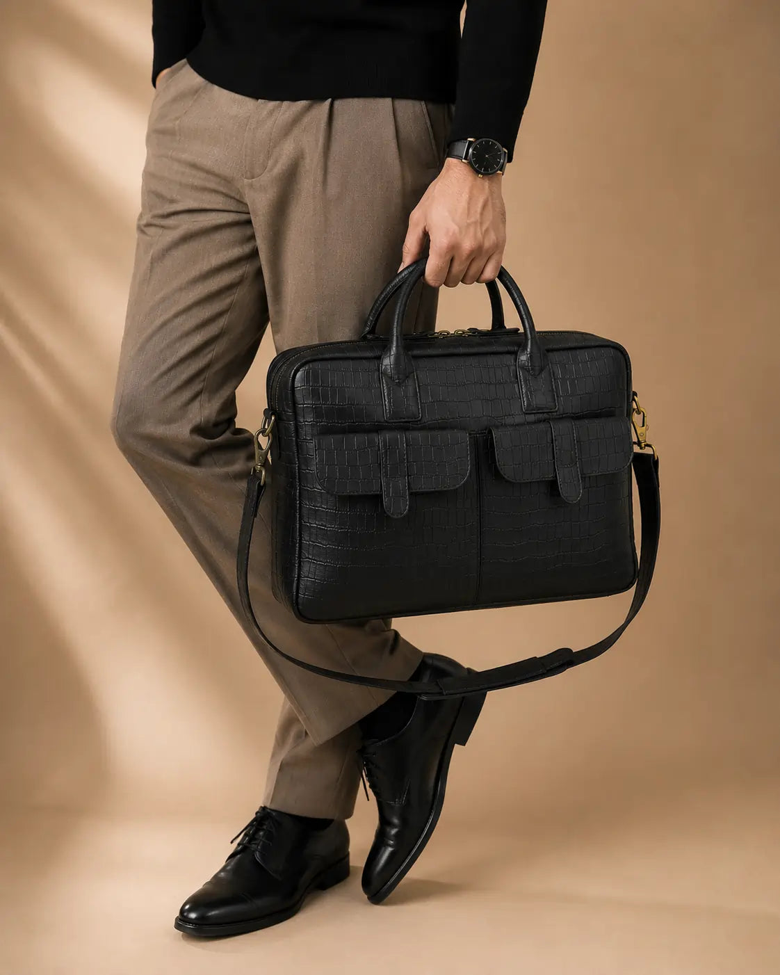 Premium Black Croc-Texture Laptop Bag (LP-03)