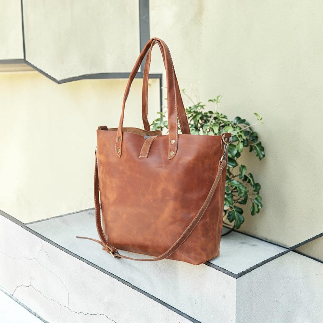 Essential Genuine Leather Tote Bag – Handcrafted Cowhide Shopper with Crossbody Strap