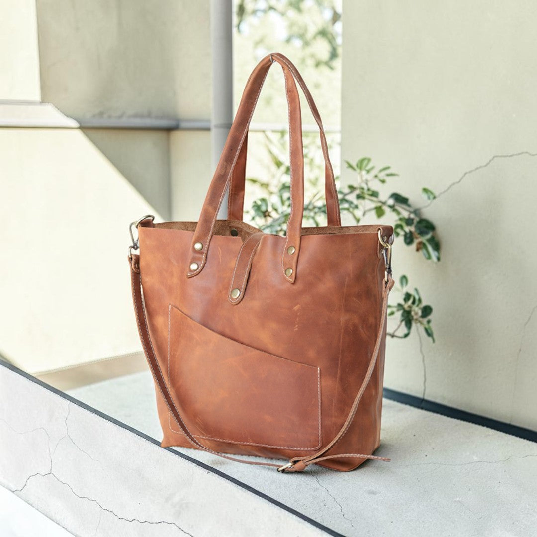 Essential Genuine Leather Tote Bag – Handcrafted Cowhide Shopper with Crossbody Strap