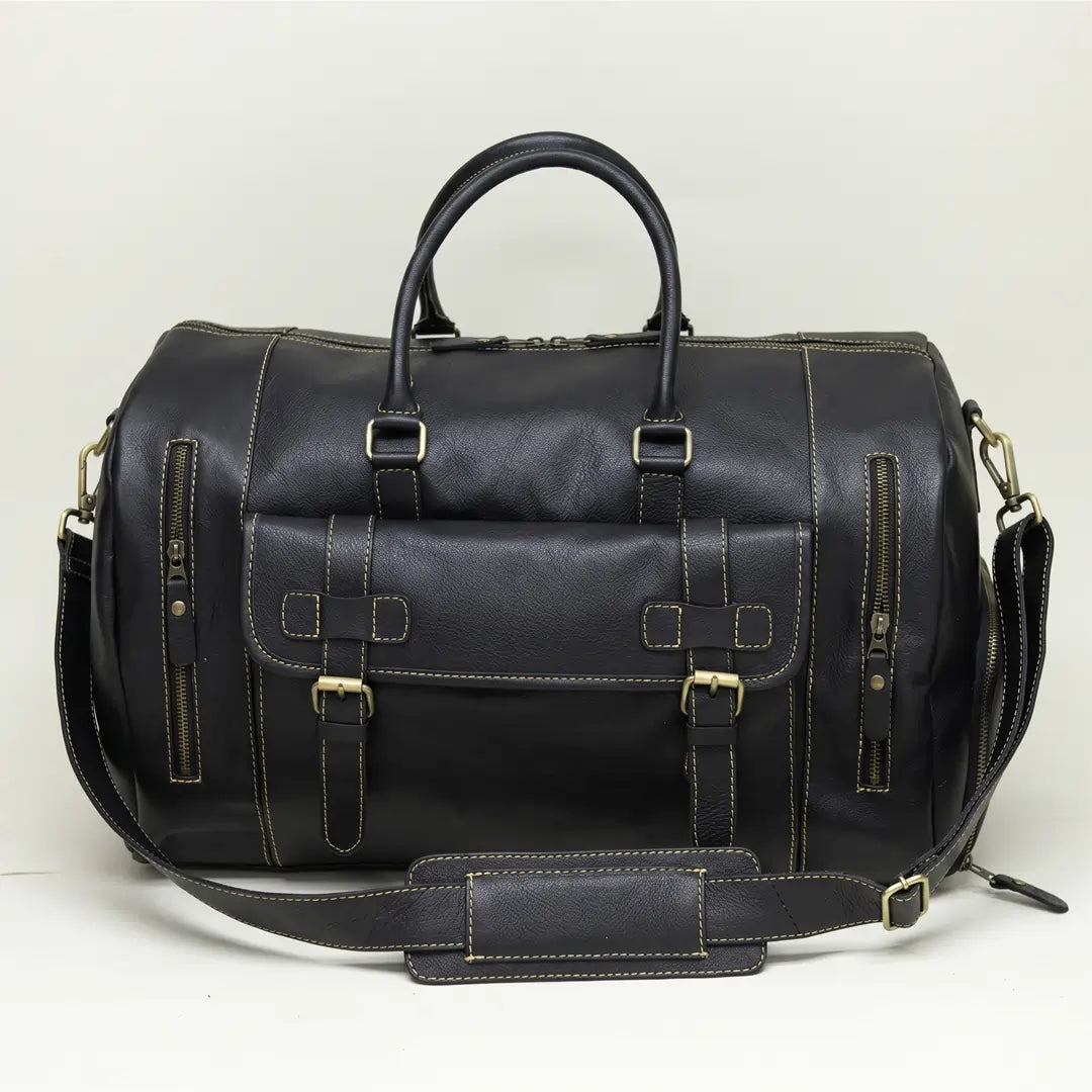 Mild Black Leather Travel Bag – Front Flap Pocket Design (TR-015)