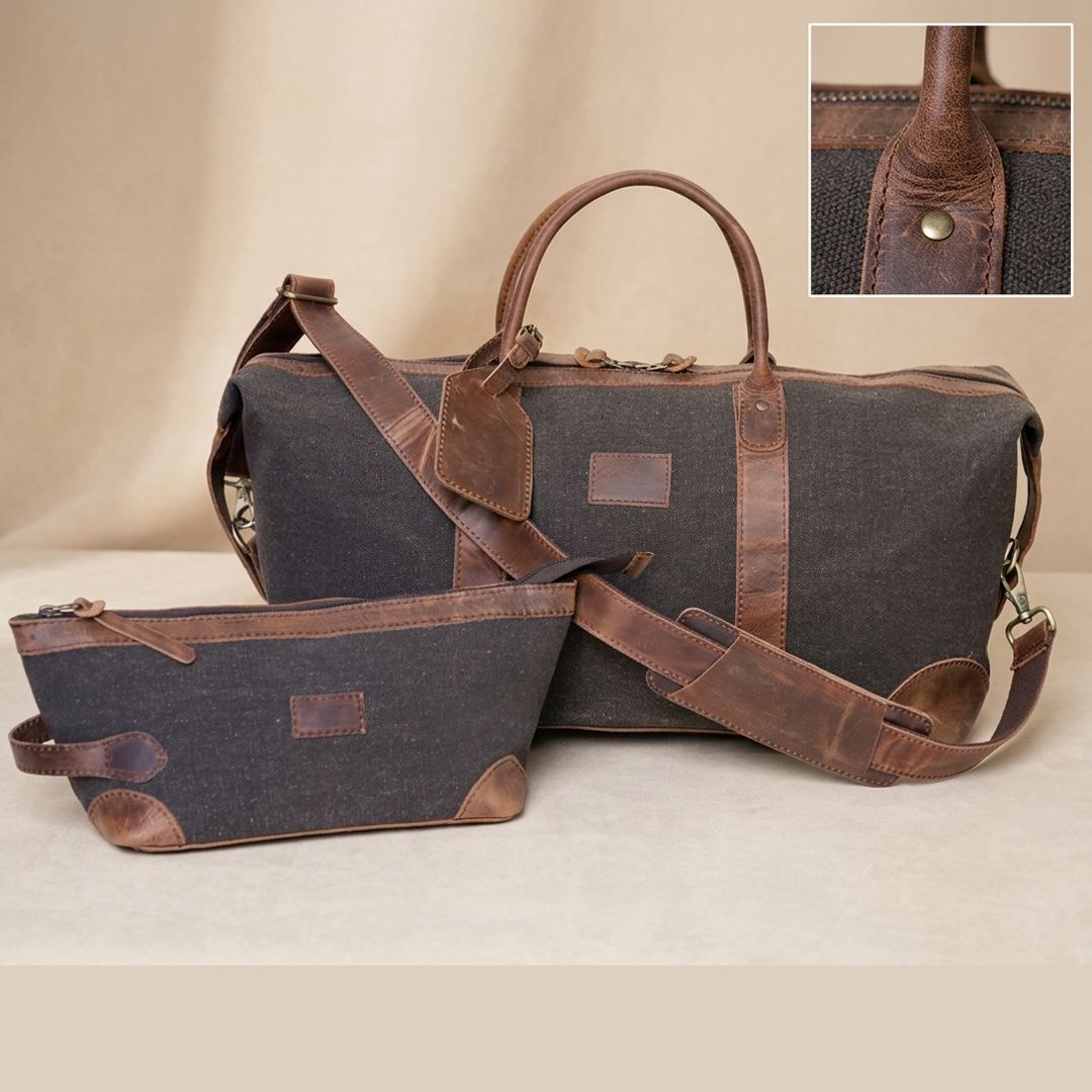 Canvas Leather Duffel Bag With Toiletry Pouch