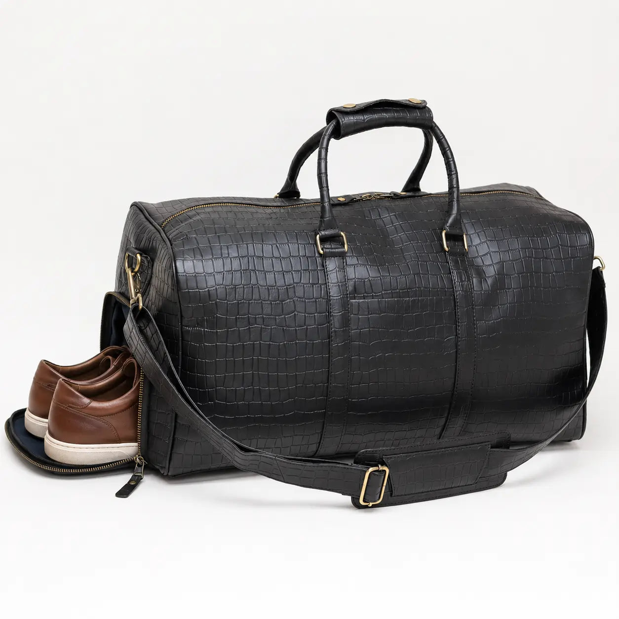 Croc-Embossed Leather Duffel Travel Bag (TR-026)