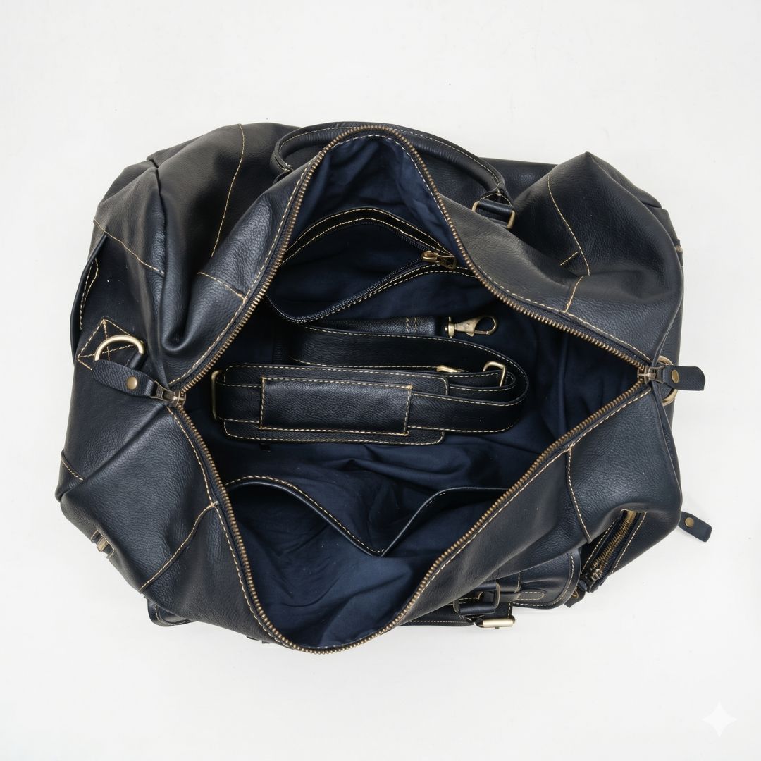 Mild Black Leather Travel Bag – Front Flap Pocket Design (TR-015)