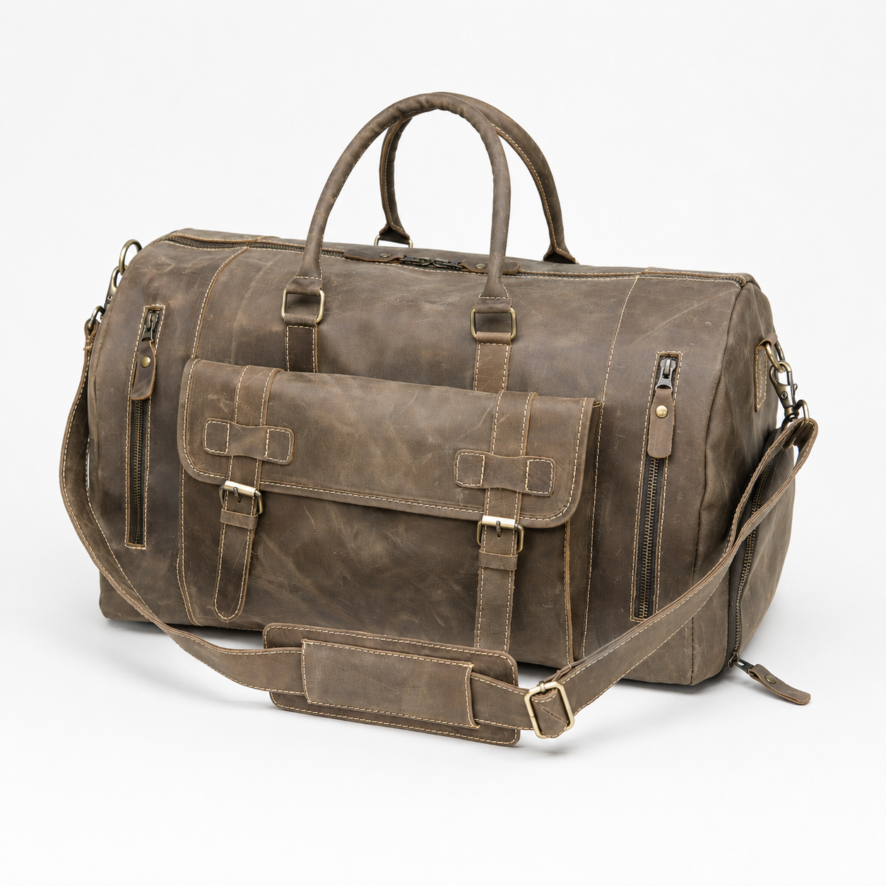 Vintage Leather Travel Bag – Front Flap Pocket Design (TR-015)