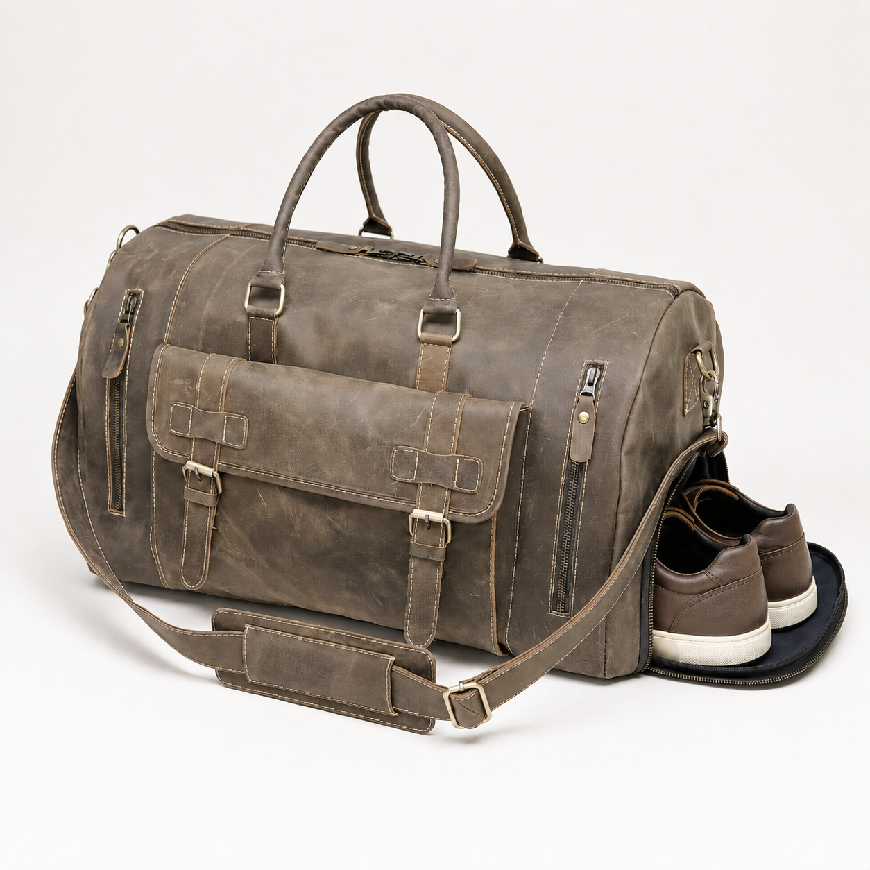 Vintage Leather Travel Bag – Front Flap Pocket Design (TR-015)