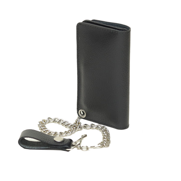 Genuine Leather Biker Wallet – Black Premium Cowhide with Stainless Steel Chain