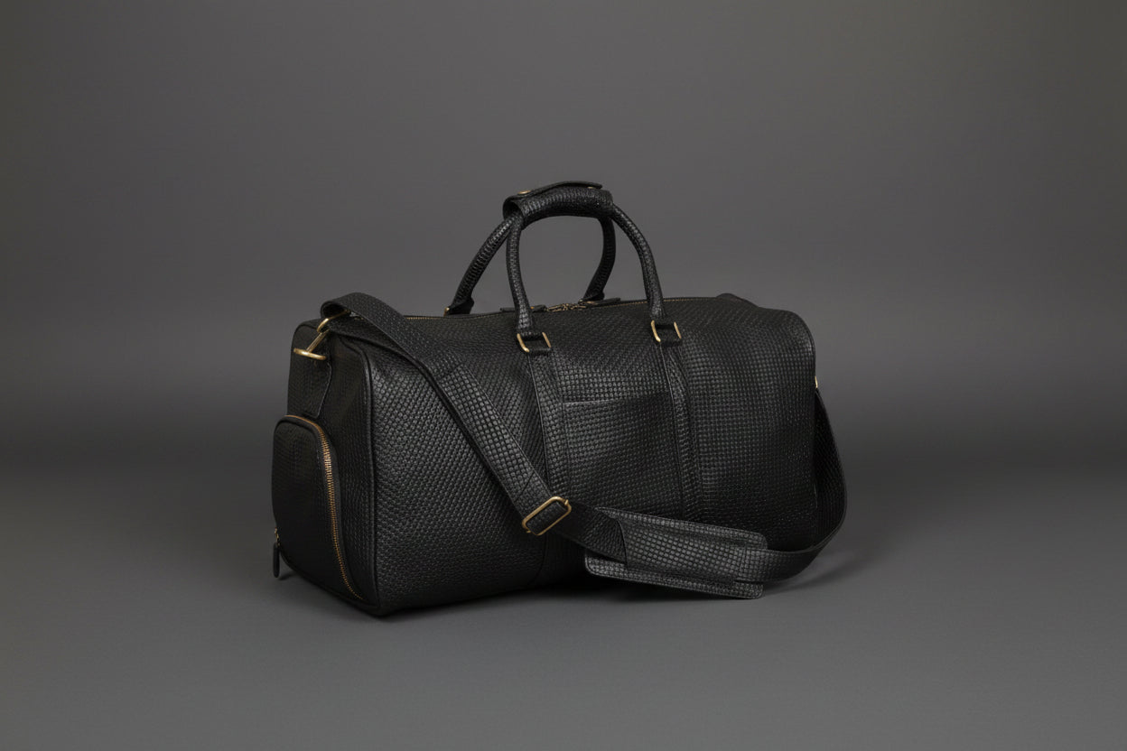 Elite Black Basket Weave Leather Travel Duffel Bag – Premium Cowhide Weekender with Gold Hardware