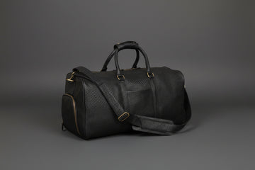 Elite Black Basket Weave Leather Travel Duffel Bag – Premium Cowhide Weekender with Gold Hardware