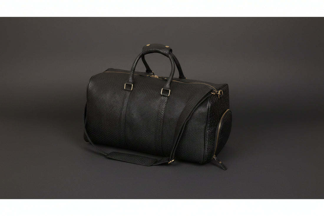 Elite Black Basket Weave Leather Travel Duffel Bag – Premium Cowhide Weekender with Gold Hardware