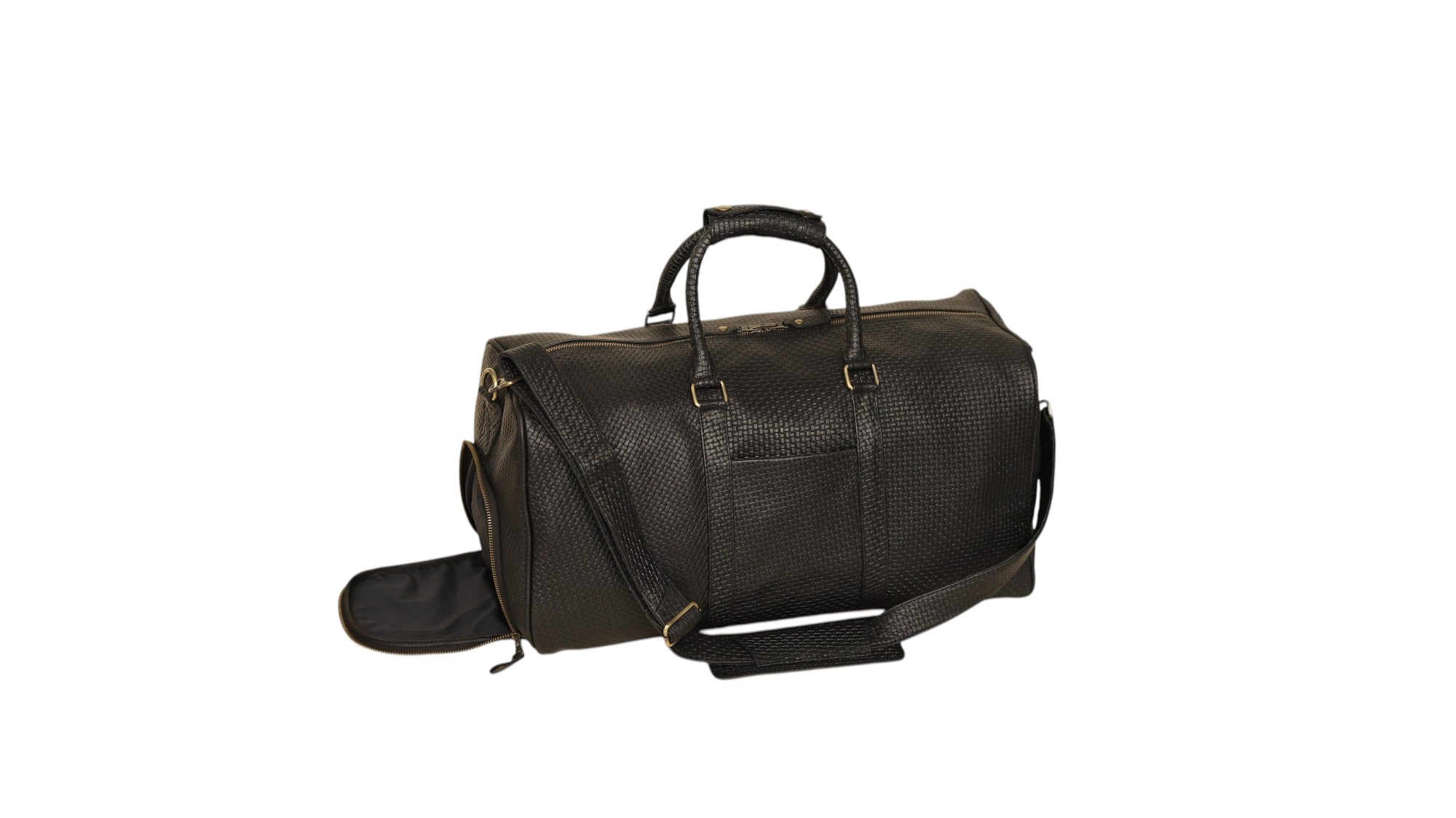 Elite Black Basket Weave Leather Travel Duffel Bag – Premium Cowhide Weekender with Gold Hardware