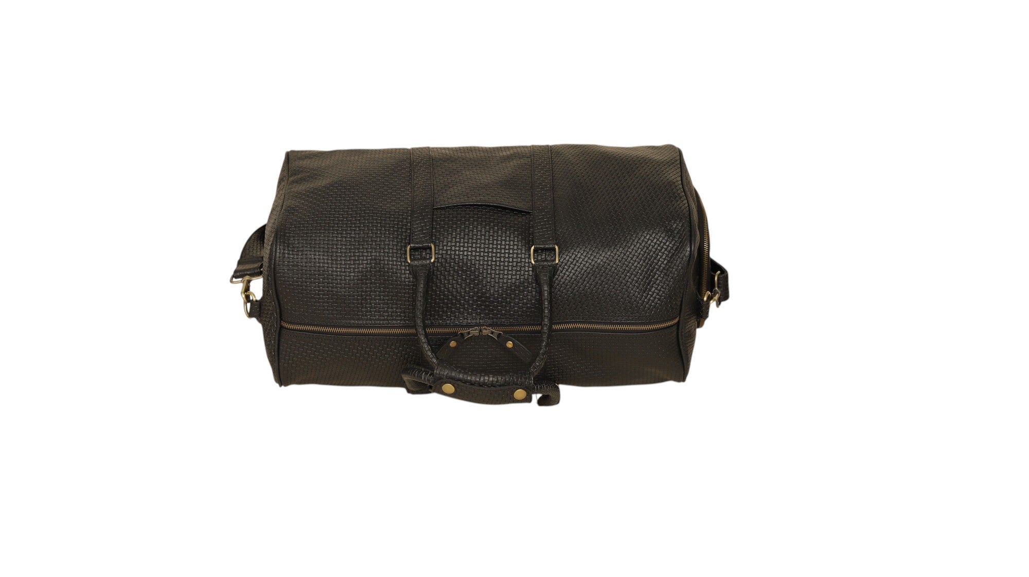 Elite Black Basket Weave Leather Travel Duffel Bag – Premium Cowhide Weekender with Gold Hardware