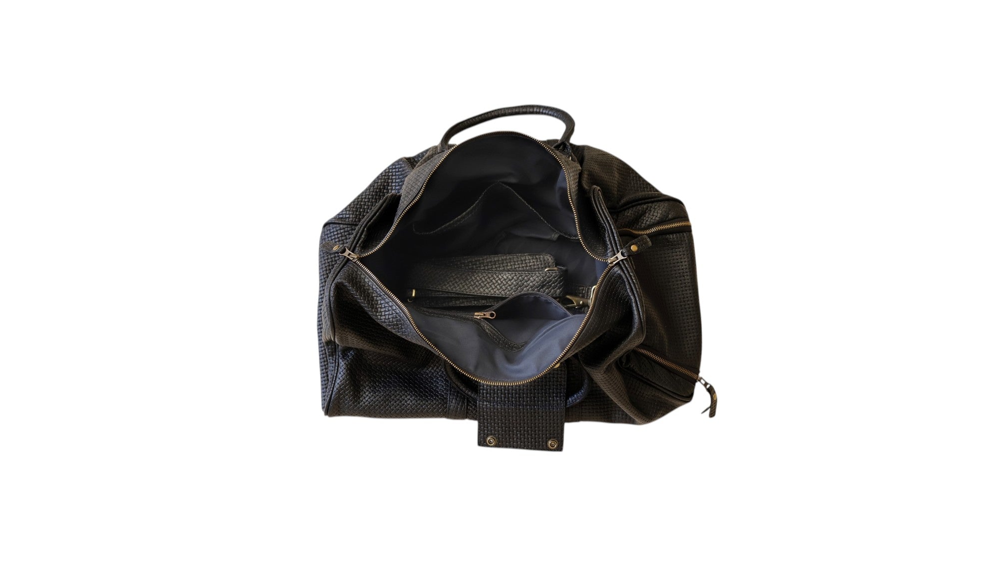 Elite Black Basket Weave Leather Travel Duffel Bag – Premium Cowhide Weekender with Gold Hardware