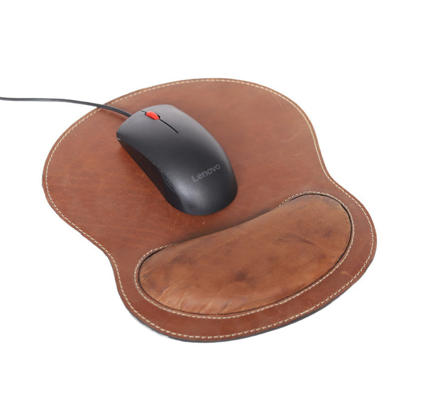Ergonomic Brown Leather Mouse Pad with Wrist Rest – Premium Cowhide Desk Essential
