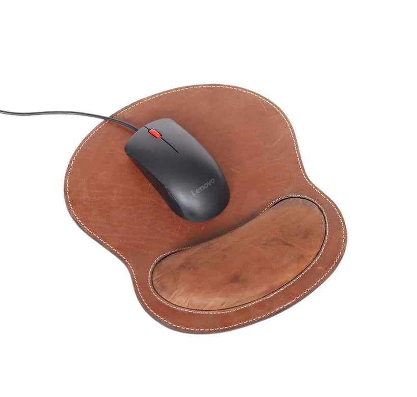 Ergonomic Brown Leather Mouse Pad with Wrist Rest – Premium Cowhide Desk Essential