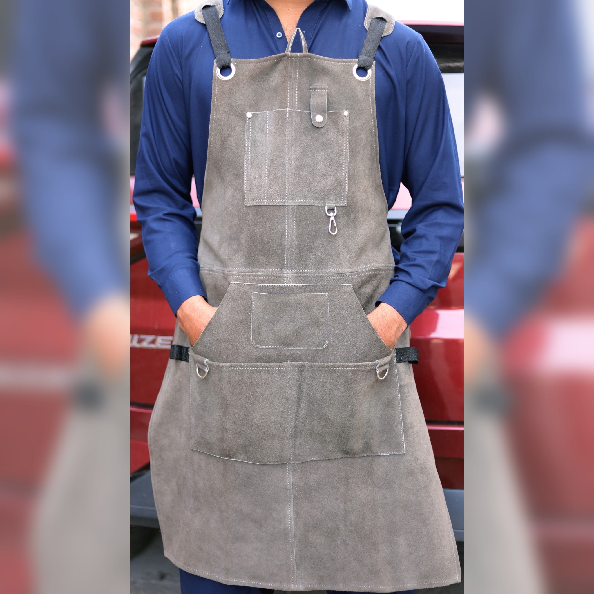 Grey Leather Apron – Premium Cowhide Work Apron with Multi-Pocket Design