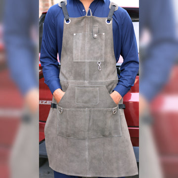 Grey Leather Apron – Premium Cowhide Work Apron with Multi-Pocket Design