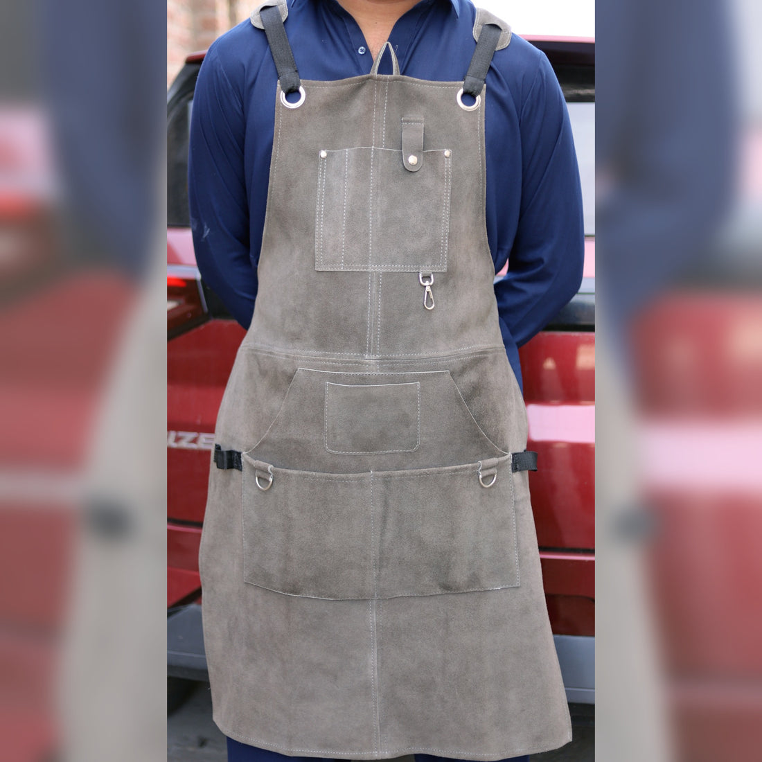 Grey Leather Apron – Premium Cowhide Work Apron with Multi-Pocket Design