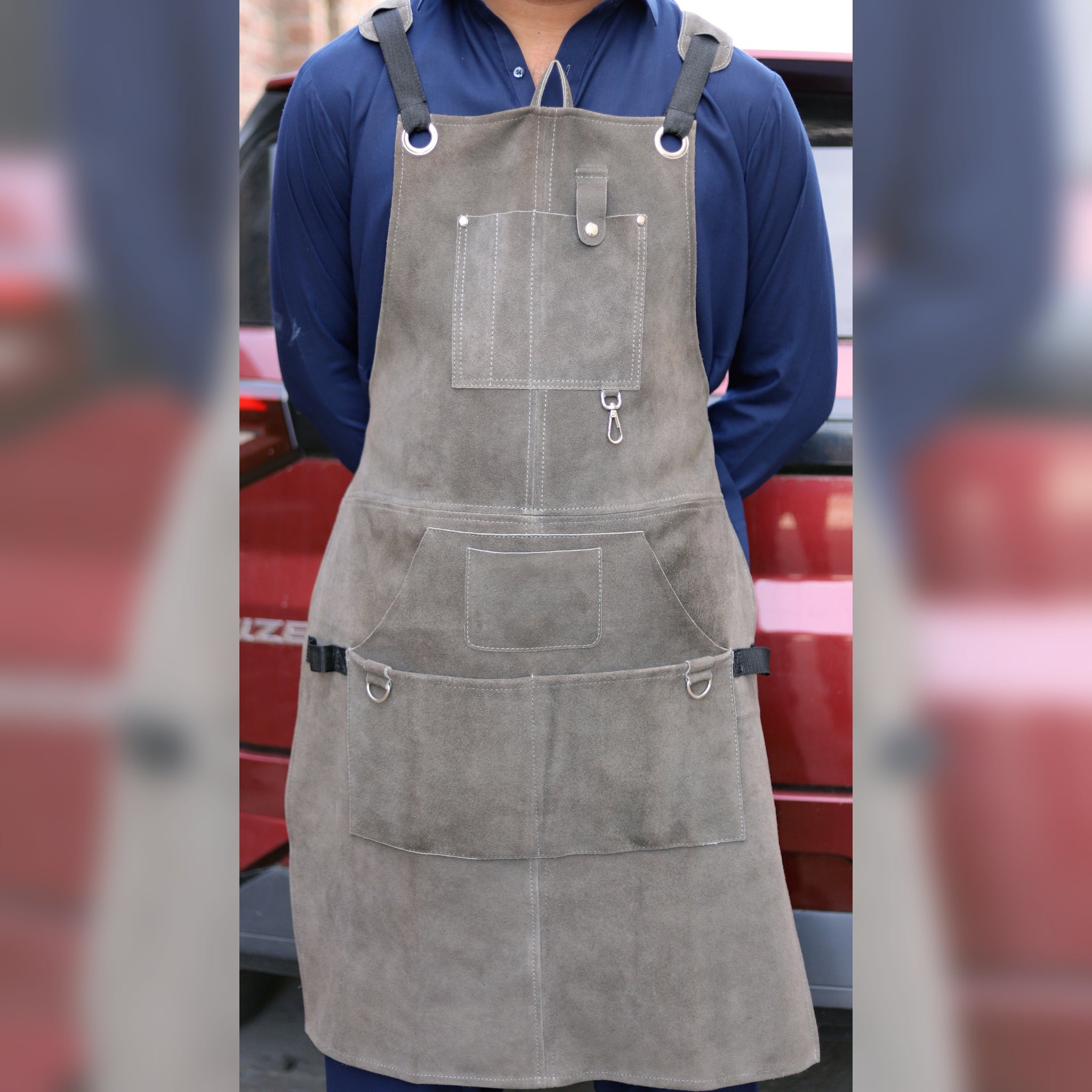 Grey Leather Apron – Premium Cowhide Work Apron with Multi-Pocket Design