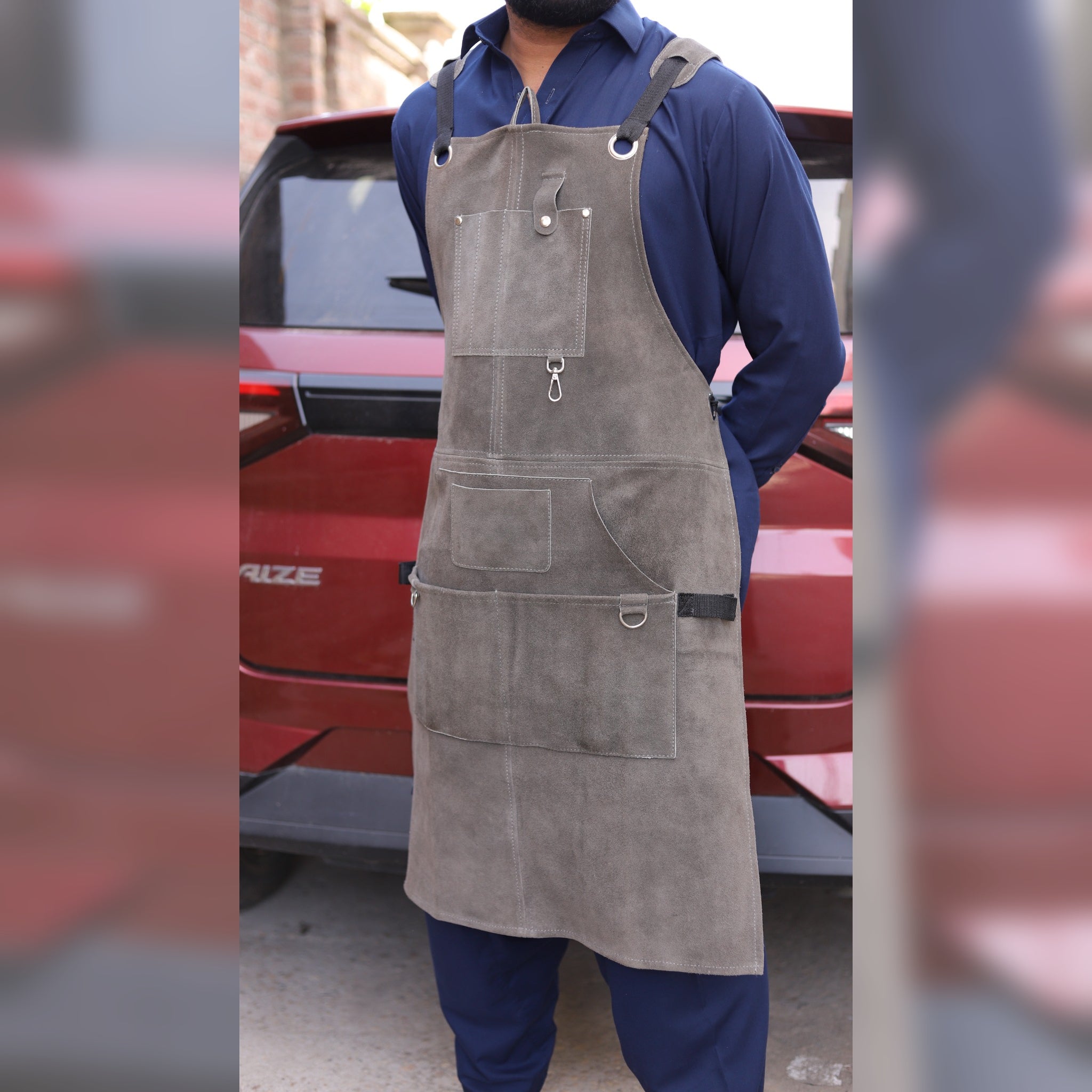 Grey Leather Apron – Premium Cowhide Work Apron with Multi-Pocket Design